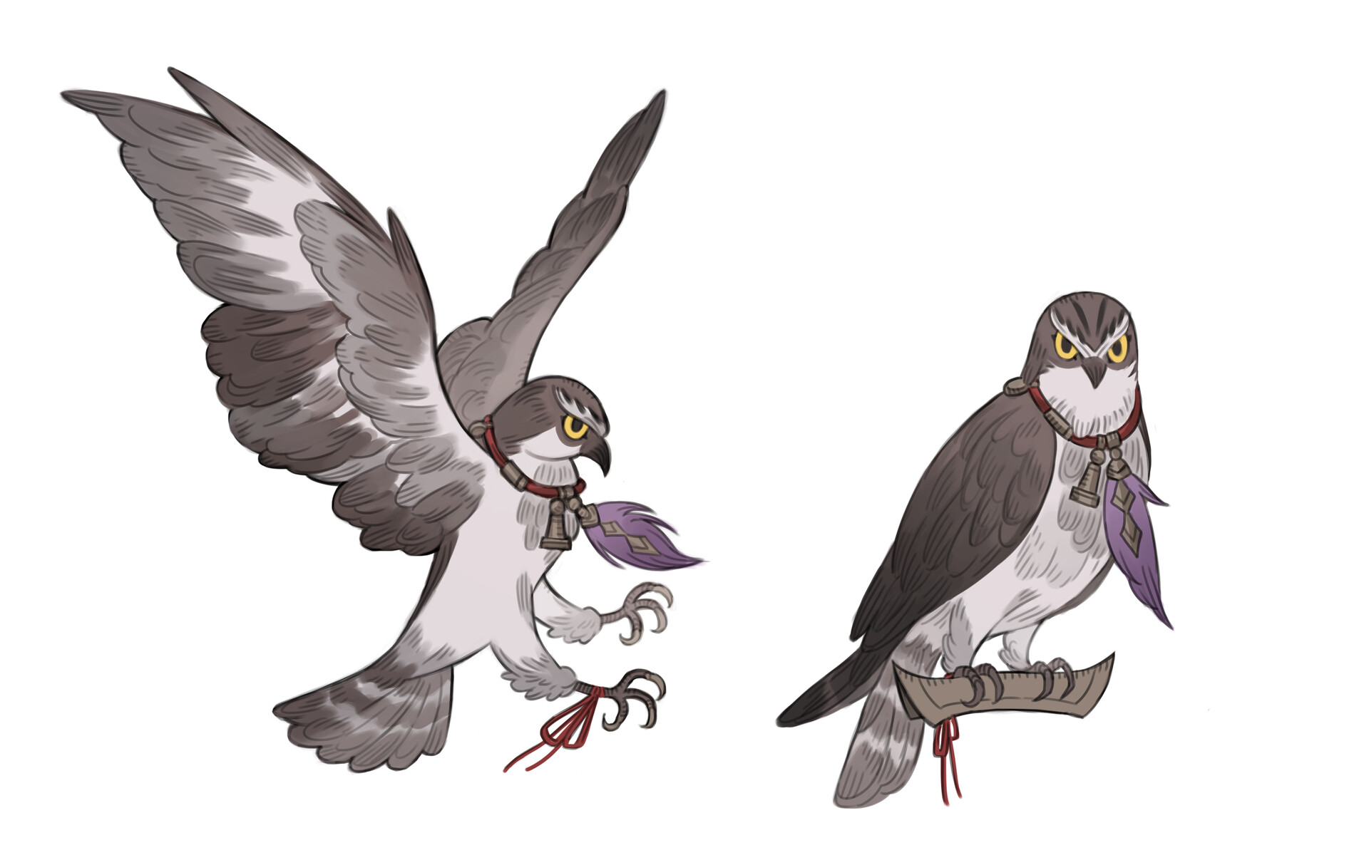 the image showcases a stylized illustration of a hawk or falcon, depicted in two different poses. on the left, the bird is captured midflight, wings outstretched, showcasing its impressive wingspan and powerful build. its sharp talons are extended, ready to grasp its prey. on the right, the bird perches calmly on a curved wooden stand, likely used for falconry. the bird is adorned with a decorative necklace featuring a purple feather and bronze bells, suggesting its significance and possibly its role as a trained hunting companion. the artwork employs a muted color palette with intricate details in the feather patterns, capturing both the grace and predatory nature of the bird.