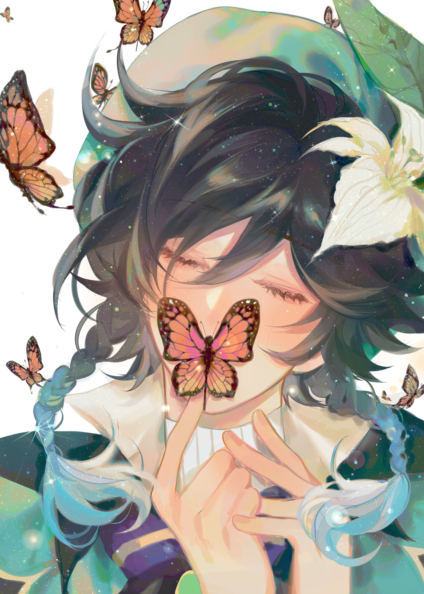 he image is a digital painting of an animestyle boy with long, dark hair styled in a braid with light blue accents.  he has a soft, gentle expression with his eyes closed. a large, orange butterfly is delicately positioned over his mouth, which he gently holds. he is wearing a lightcolored, stylish outfit with hints of green and purple.  numerous smaller butterflies of varying colors surround him, adding to the dreamy and fantastical atmosphere. a large white flower is partially visible behind his head, and he wears a light green hatlike headpiece. the overall style is soft, delicate, and dreamlike, with vibrant but pastel colors and sparkling effects. the image is detailed and focuses on the character's serene expression and the delicate interaction with the butterflies.