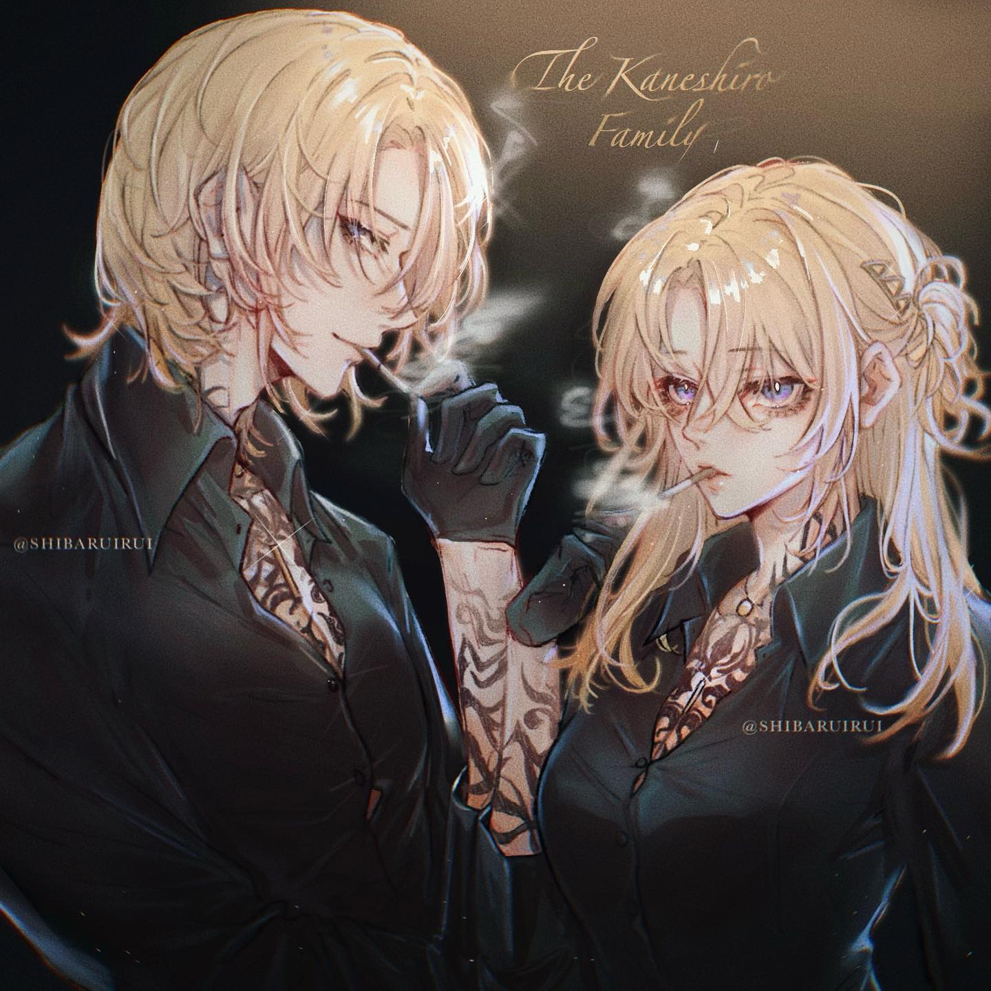 the image is a digital painting of what appears to be twin sisters or very close siblings.  they are depicted in an anime/manga style, and are strikingly similar in appearance, both having long blonde hair, dark clothing with a slightly open neckline revealing tattoos on their chest, and are smoking cigarettes. the style leans towards dark and elegant, with a focus on detailed features like their hair, eyes, and clothing.  a title card "the kaneshiro family" suggests a familial connection and perhaps a story setting. the overall mood is somewhat mysterious and atmospheric.