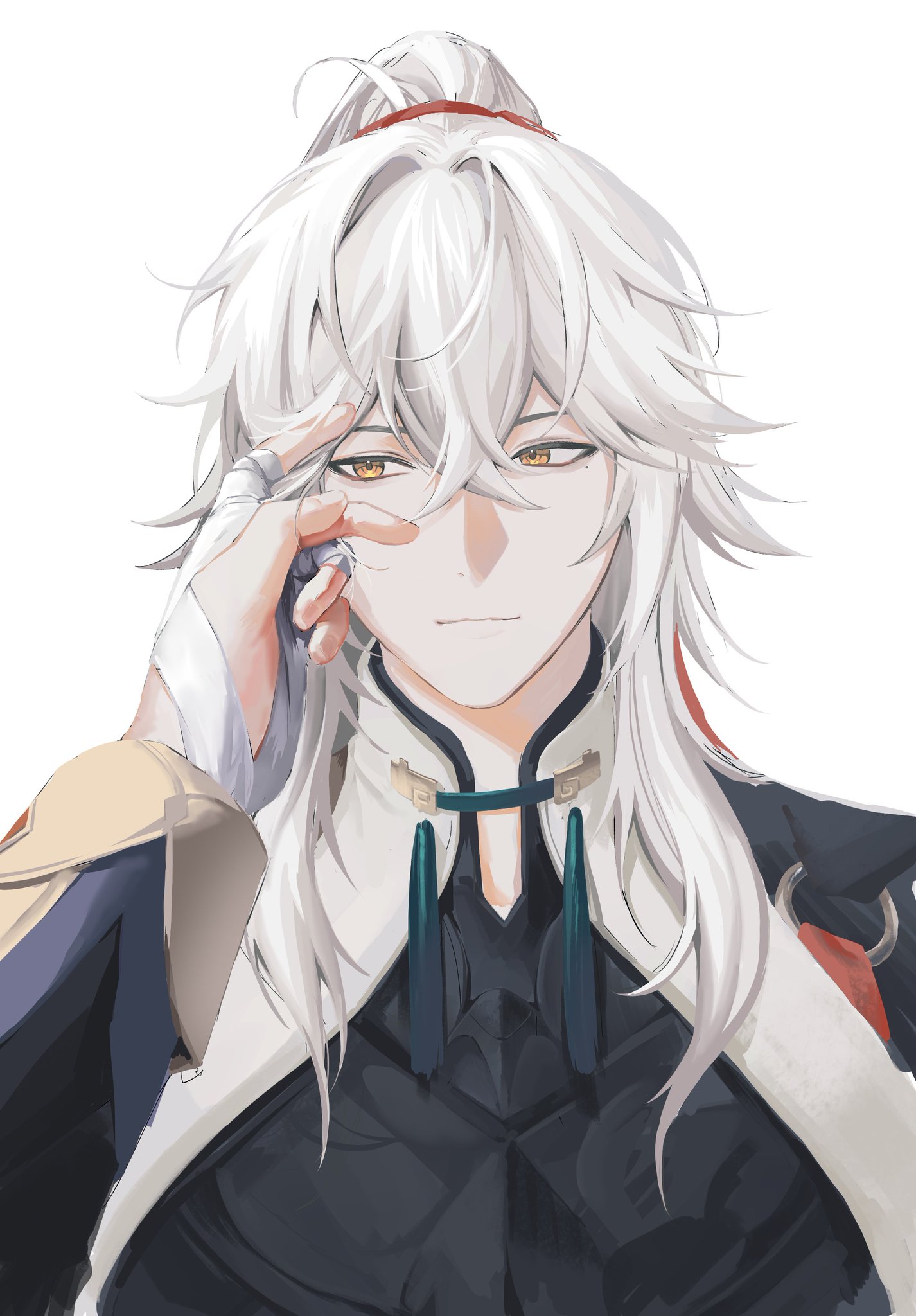 a close up portrait of an anime character with long white hair pulled back in a ponytail. he is wearing a black shirt with teal tassels, a white and gold jacket and his hand is on his forehead. the background is white.