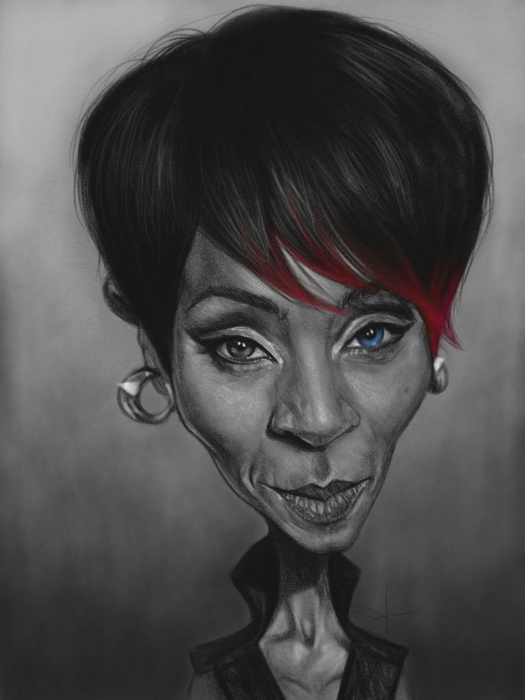 caricature of a woman with short black hair that has red streaks, wearing earrings, and with one blue eye.