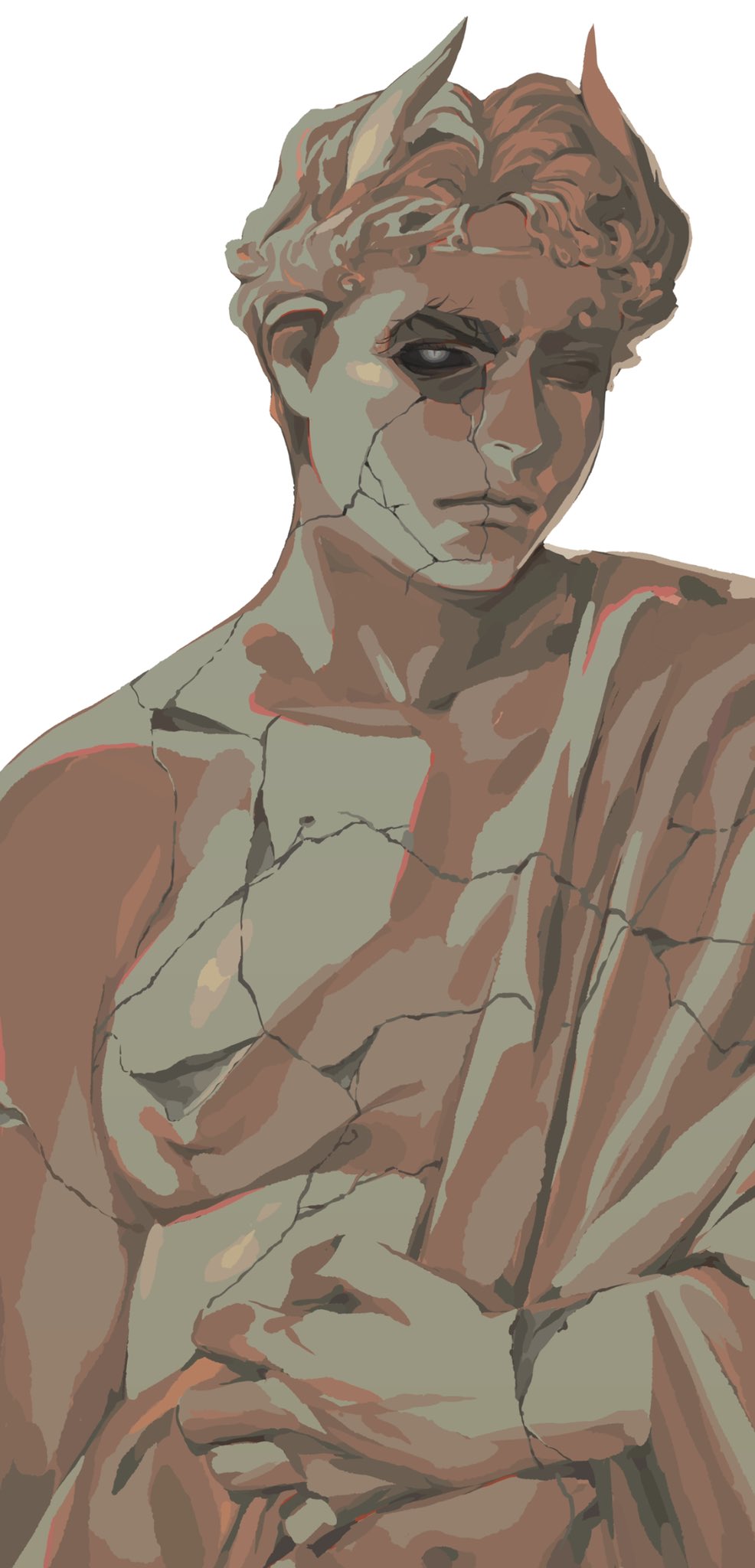 a digital illustration of a cracked, stone sculpture of a male figure with demonlike horns. the statue has dark eyes and a somber expression. it is colored in muted shades of brown, green, and red.