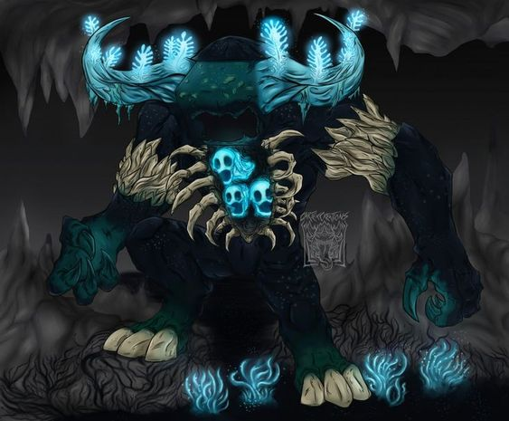 a large, menacing, and fantastical creature crouches within a dimly lit cave. it possesses horns adorned with glowing blue growths, echoing the bioluminescent flora at its feet. the creature's most striking feature is the collection of skulls embedded in its chest, further emphasizing its intimidating and potentially dangerous nature.