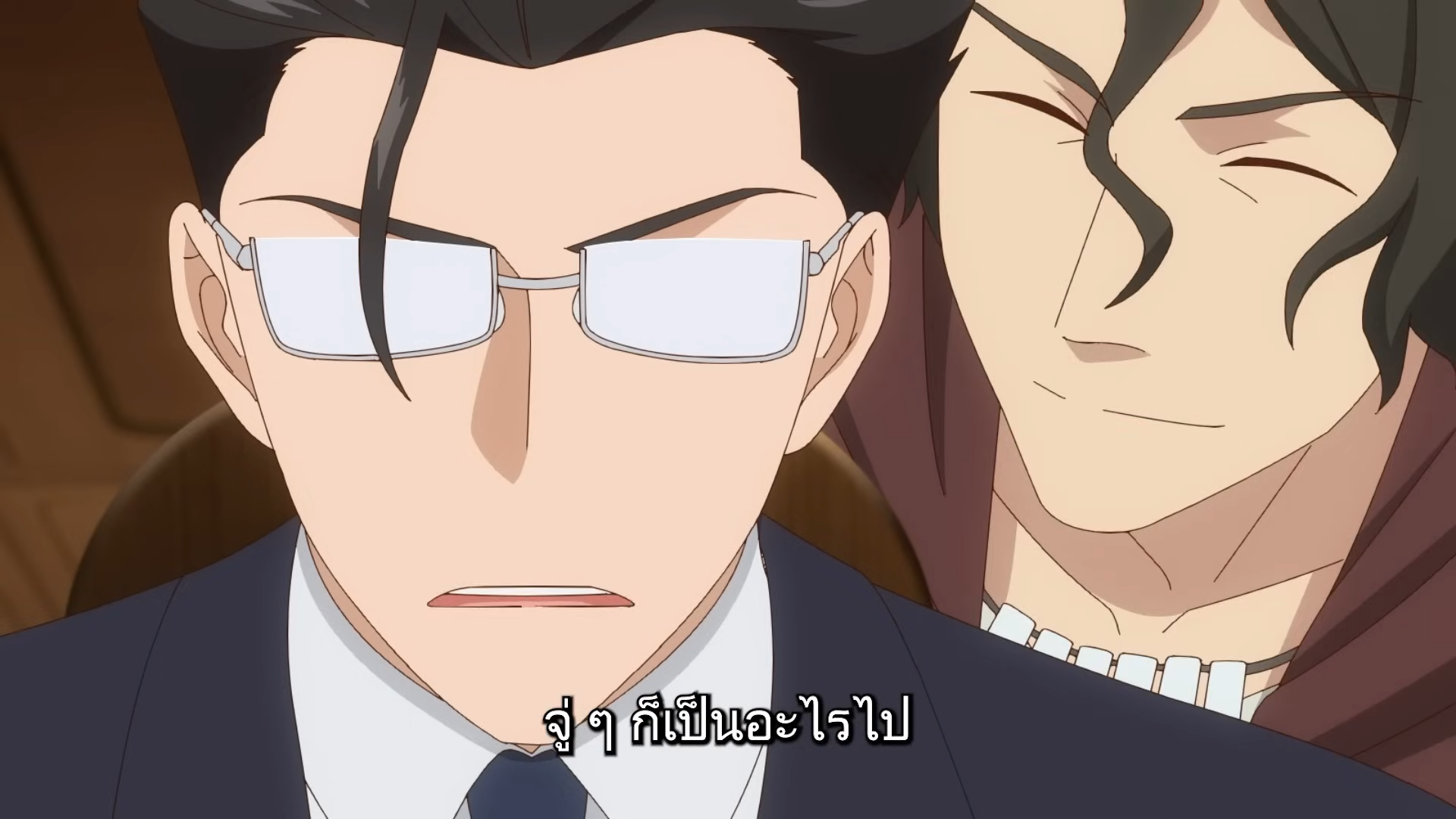 this is a closeup shot of two animestyle male characters. the central figure wears glasses and a suit, his expression conveying surprise or shock.  over his shoulder, another man with long dark hair and a necklace smirks. the background is blurred, implying they are indoors. there's thai text overlayed on the image.