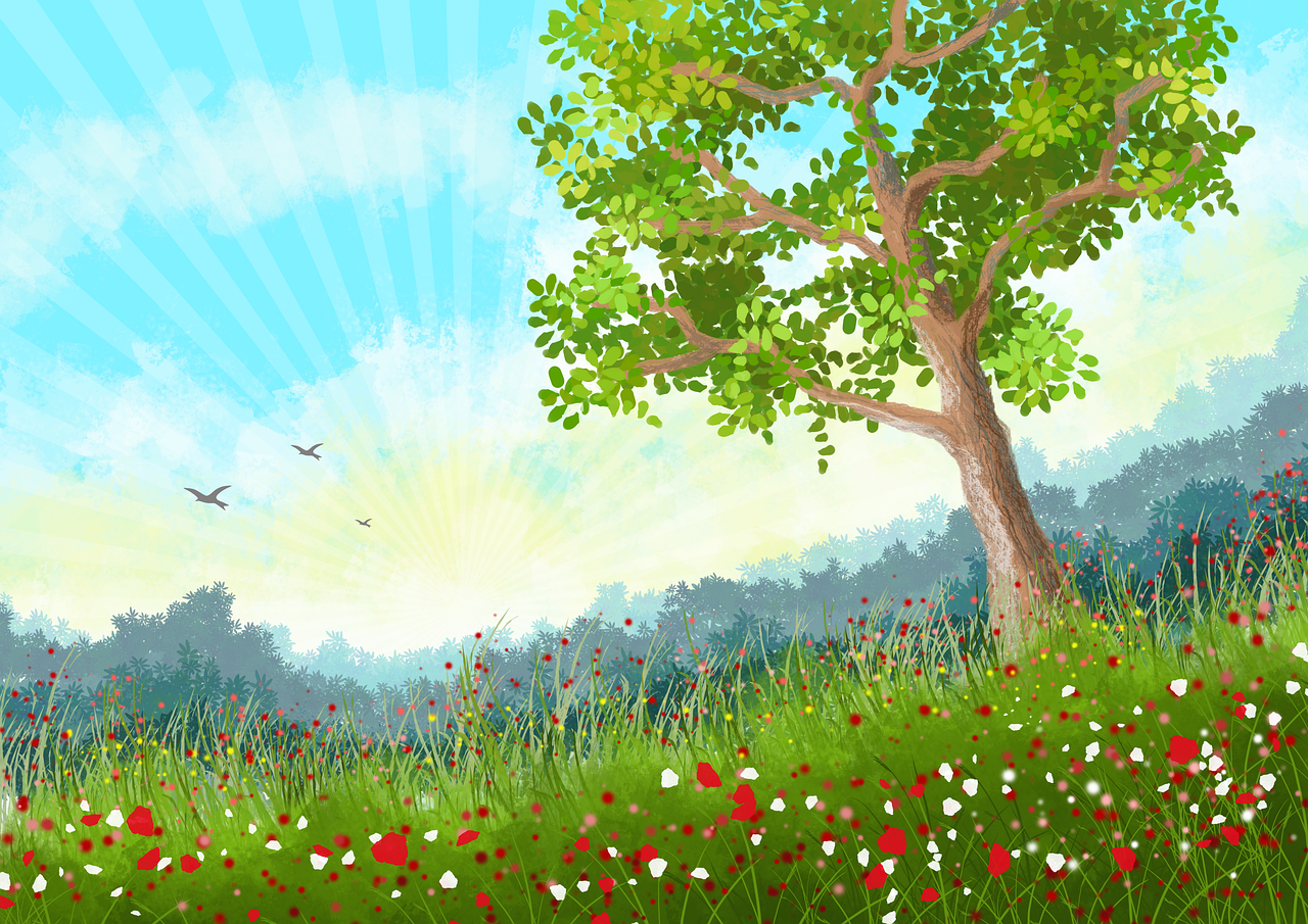 illustration of a natural landscape featuring a tree with green leaves in the foreground, a field of grass and red and white flowers, a forest in the background, and a bright blue sky with the sun shining through the clouds. three birds are flying in the sky.