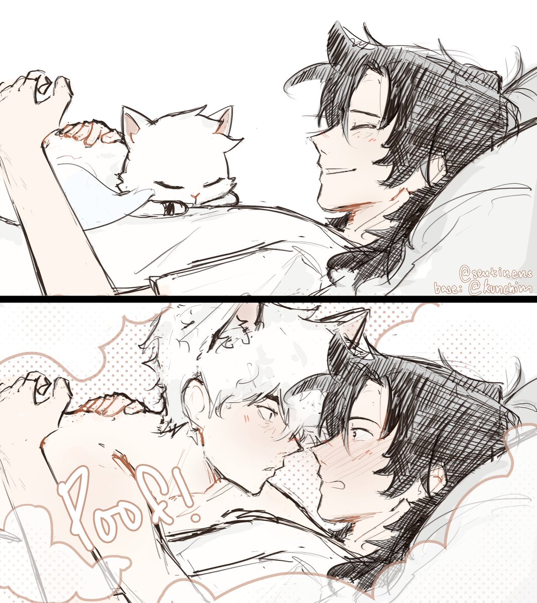 the image is a drawing split into two panels. the top panel shows a man lying on his back with a small white cat asleep on his chest. the man has dark hair pulled back into a low ponytail and is smiling with his eyes closed. the bottom panel shows the same man with another person with white hair and cat ears, both of their faces are blushing. they are in bed and are about to kiss each other with the word "poof!" between them.