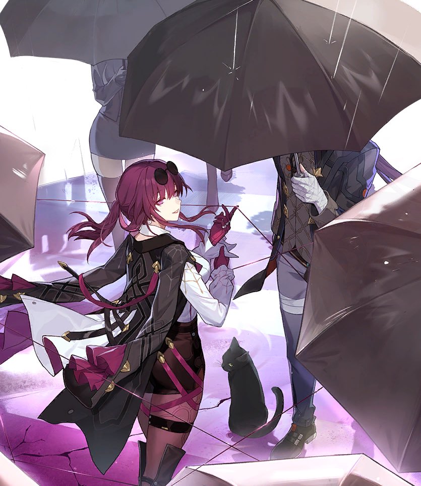 this is an illustration of an anime character wearing a black jacket and short black skirt with red accents. she has long red hair and black sunglasses, and is holding a black umbrella.  the character is in a colorful landscape. there is a black cat in the background, along with several other umbrellas. the artwork is done in a very detailed and realistic style, and there are a lot of tiny details in the background that help to create a sense of depth and atmosphere.  the colors are bright and saturated, and the overall feeling of the image is one of excitement and adventure.