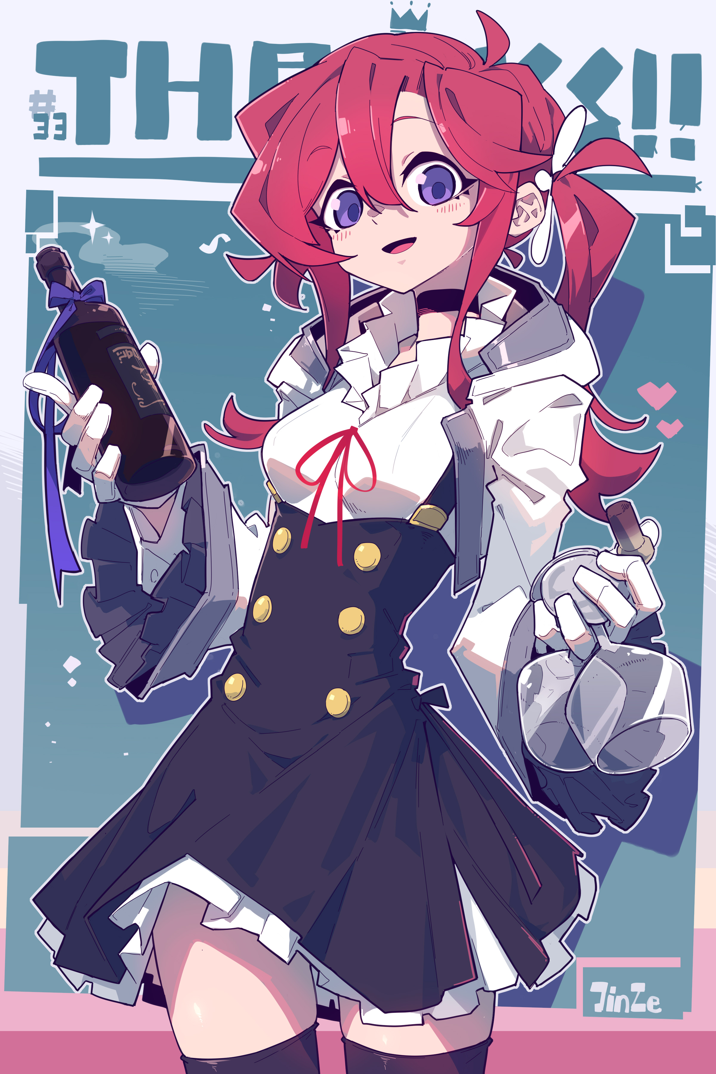 an animestyle illustration of a girl with red hair and purple eyes. she's wearing a white ruffled shirt under a black dress with gold buttons, a black choker, and thighhigh socks. she's holding a wine bottle in one hand and two wine glasses in the other. her hair is styled in pigtails with a white hair tie, and she has a small crown on her head. there are blush marks on her cheeks and hearts floating near her. the background includes the text "thanks!!" and the signature "jinze".