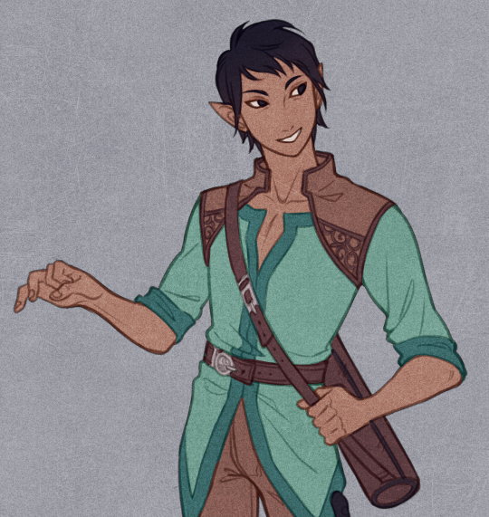 the image depicts a young male elf with tan skin, dark hair, and pointed ears. he wears a light green tunic with brown leather accents, a matching belt, and brown pants. a brown leather satchel hangs at his hip. he is posed against a plain grey background, turned slightly to the left and gesturing with his left hand. his expression is friendly and engaging. the style is reminiscent of fantasy illustration, with a focus on character design.
