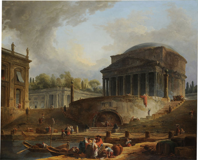 this is a painting of a classical landscape featuring ancient roman architecture. a temple with a dome and numerous columns dominates the scene, positioned on a raised platform accessed by a grand staircase. numerous figures populate the stairs and waterfront, engaging in various activities. a boat is visible in the foreground, near barrels and pots. other classical buildings are visible in the background, partially obscured by trees. the sky is filled with clouds, creating dynamic lighting and shadows across the scene. the overall impression is of a bustling port city with significant historical architecture.
