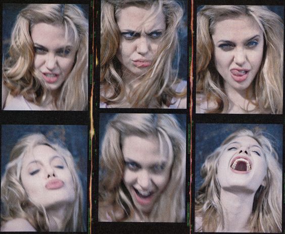 six photos of a young blonde woman making different facial expressions. she is looking at the camera in each photo and each has a different expression including, happy, sad, bored, confused and surprised.  the woman has blonde hair and blue eyes and is wearing a lot of makeup. she is wearing a white shirt in three of the photos and another shirt in the other three photos. the photos are arranged in a grid of three rows and two columns.
