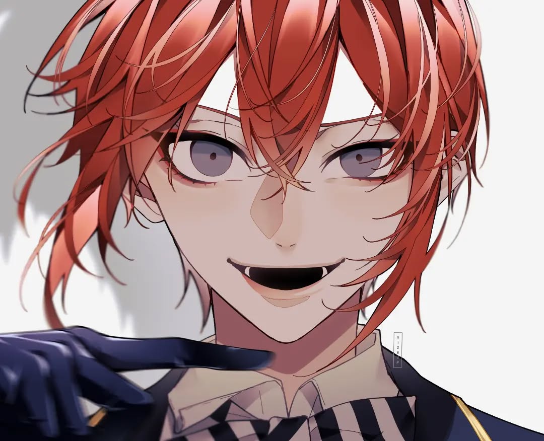 a closeup digital illustration of an animestyle boy with vibrant red hair. he's sporting a mischievous smirk and is dressed in a stylish suit with a striped collar, and dark gloves. the art style is sharp and detailed, highlighting the character's expression and clothing. the background is a simple white, focusing the attention on the character. the overall mood is playful and slightly mischievous.