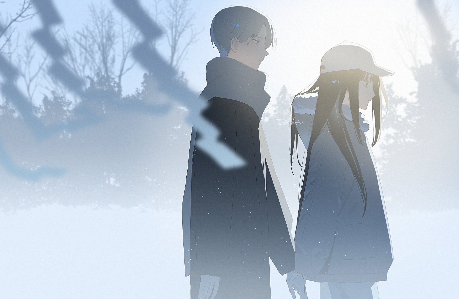 a young couple is standing in a snowy forest, holding hands. the sun is shining brightly behind them, creating a soft and romantic atmosphere. the scene is peaceful and serene, with the trees covered in snow and the air filled with a cold, crisp breeze. the couple is dressed warmly in winter clothes, and they appear to be enjoying each other's company.