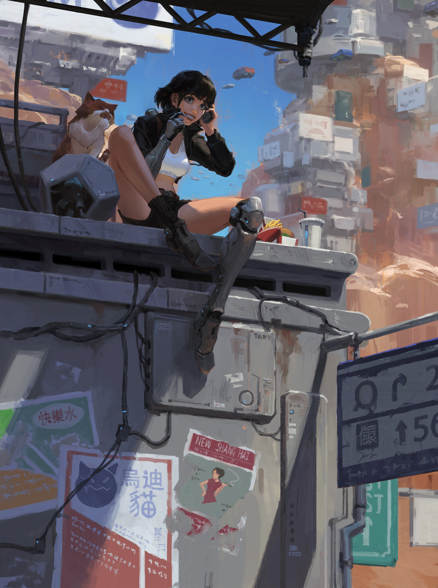 the artwork depicts a young woman with a prosthetic leg sitting on a rooftop in a futuristic, cyberpunkstyle city. she's on a phone call, wearing a black jacket and white top. a cat is sitting beside her.  the city's buildings are densely packed, stacked haphazardly, with various signs and posters in asian languages (possibly japanese or chinese) visible on the walls. the overall aesthetic is a blend of futuristic technology and urban decay, with a slightly gritty and textured feel. the color palette is muted, with pops of color from the signage. the scene is detailed and rich with atmosphere, conveying a sense of a bustling, technologically advanced urban environment.
