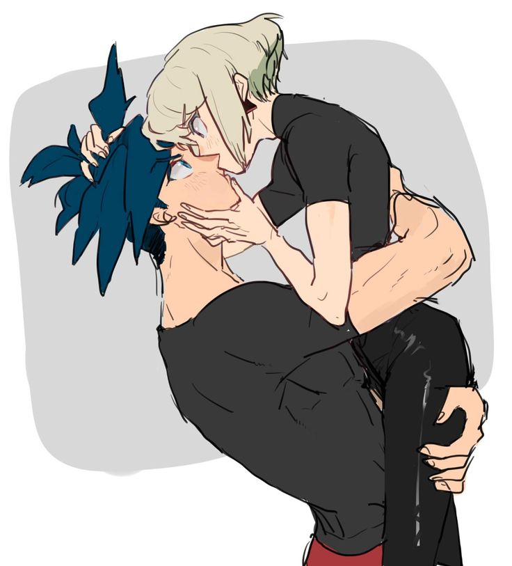 the image is a digital drawing or sketch depicting a romantic scene between a young animestyle couple. a muscular young man with blue hair is carrying a smaller young woman with blonde hair.  the woman has her arms wrapped around the man's neck, and they are close to kissing or are kissing.  the style is reminiscent of manga or anime fanart. the colors are muted and the linework is somewhat loose and sketchy, contributing to a soft and intimate mood. the background is a simple gray wash. the focus is entirely on the affectionate interaction of the couple.