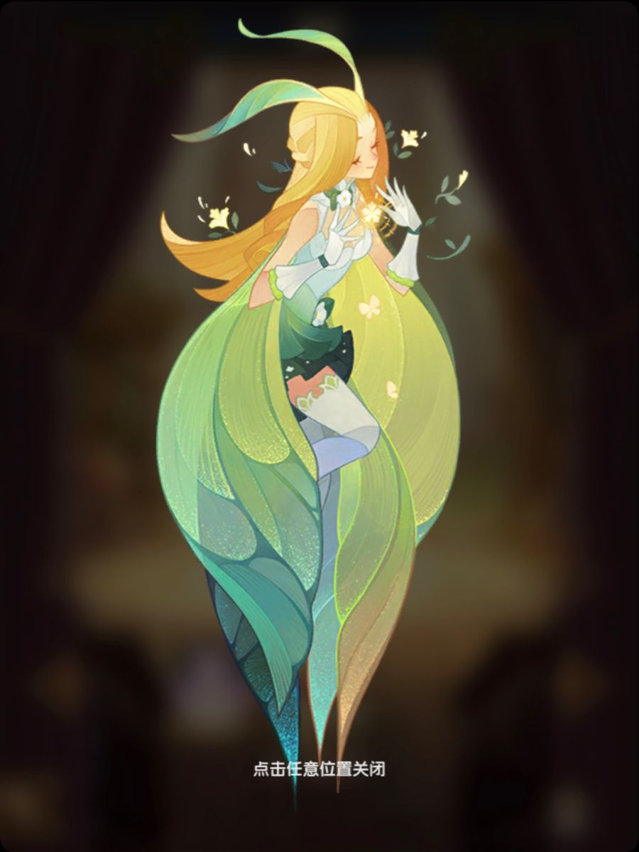 the illustration showcases a fairy with mothlike wings, bathed in soft, ethereal light against a dark background. she's adorned in a white and green dress, reflecting the colors of her wings. her long, blonde hair flows around her as she gently holds a small, glowing flower. the overall aesthetic evokes a sense of magic and tranquility found in nature.