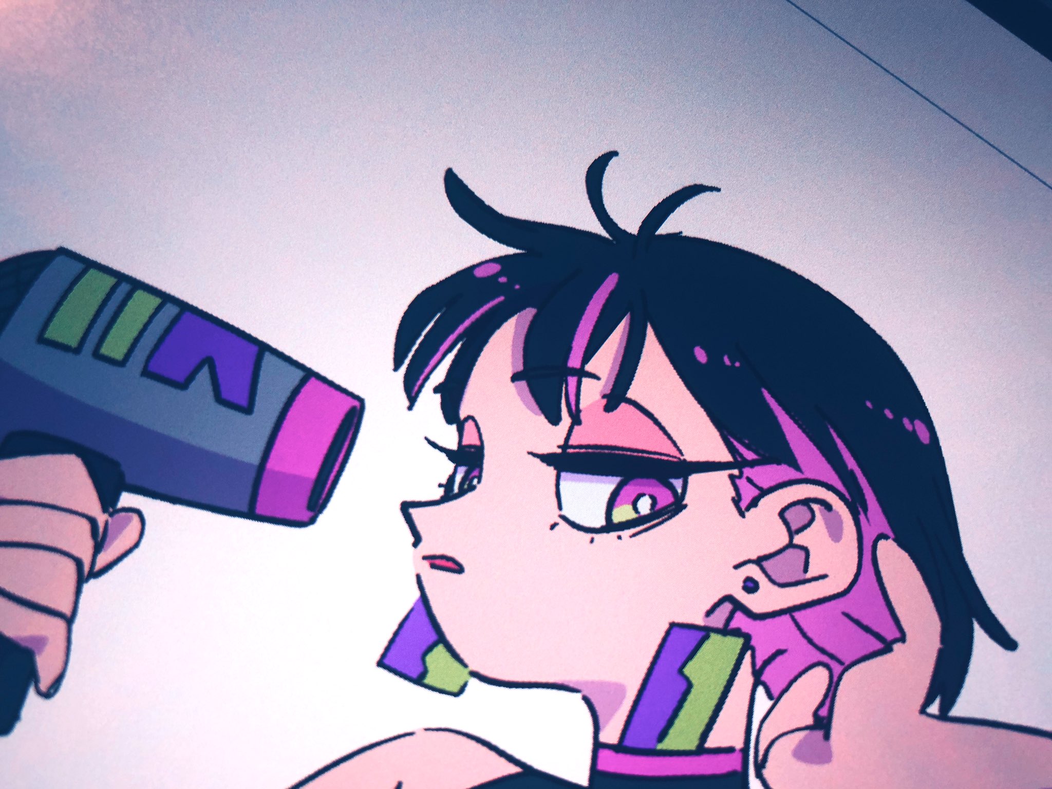 the image is a digital illustration of a young woman drying her hair with a hairdryer. she has a cool and edgy style with short, partially pink hair, thick eyeliner, and colorful earrings. the perspective is from a low angle, making her appear larger than life. the color palette is bright and playful with a mix of pinks, purples, and greens. the art style is reminiscent of anime or manga.