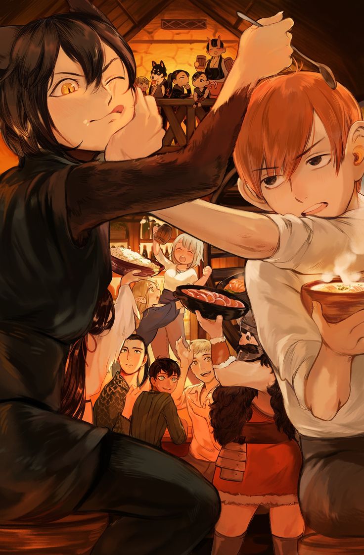 the image is a vibrant digital animestyle illustration depicting a lively and crowded tavern scene. the focal point is on two young individuals engaging in playful interaction; a female character with catlike ears playfully holding the face of a male character with red hair, who is eating soup.  a spoon is involved in their interaction.  the background is filled with other patrons, hinting at a lively and possibly chaotic atmosphere within the woodenstructured tavern. the characters are dressed in a variety of medievalinspired clothing.  the overall mood is energetic and fun, with a warm, inviting lighting scheme enhancing the image's lively atmosphere.