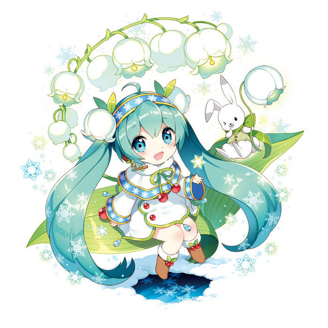 the image features a chibistyle illustration of hatsune miku, a popular vocaloid character, dressed in a wintery outfit with blue and white colors. she is perched on a large lily of the valley leaf, surrounded by snow and sparkling snowflakes. a small white rabbit wearing a green scarf sits beside her on the leaf, holding another lily of the valley. the background is white with a subtle blue tint, further emphasizing the wintery theme. the overall aesthetic is cute, whimsical, and festive.