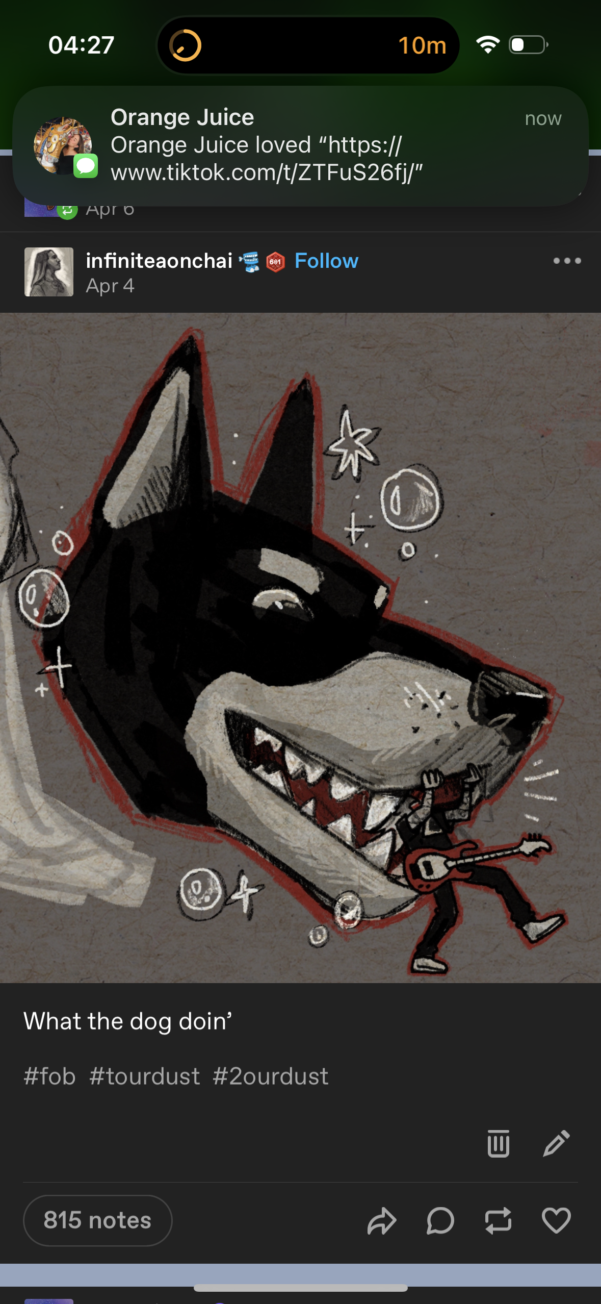a black and white cartoon illustration of a dog with a wide open mouth with large teeth and a cartoon character playing a guitar inside of its mouth.  the dog's eyes are half closed in a "smug" expression. the text says "what the dog doin" with the hashtags #fob #tourdust #2ourdust.