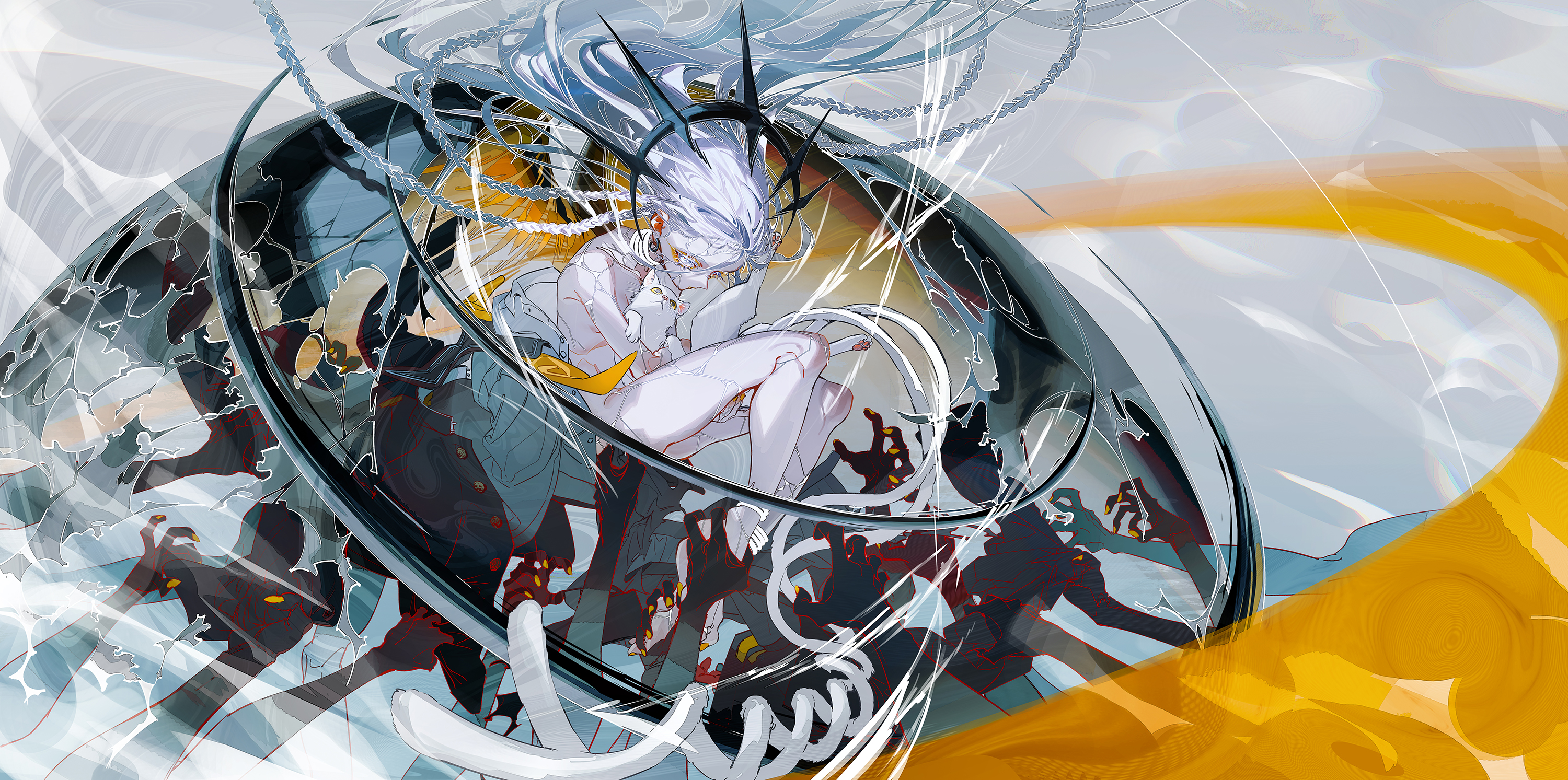 an anime woman with long white hair and a crown with horns sits in a circle with a white dress. the background is a mix of white, blue, and yellow abstract patterns. the woman is surrounded by shadow figures and shapes, and the overall style of the image is reminiscent of a dream or fantasy.