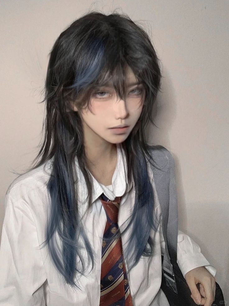 loseup shot of a person wearing a long, dark wig with blue highlights styled in layers with bangs, dressed in a white collared shirt and a tie, over a gray jacket. the person's expression is serious and their makeup is subtle. the style is reminiscent of anime or cosplay. the background is plain and unfocused.
