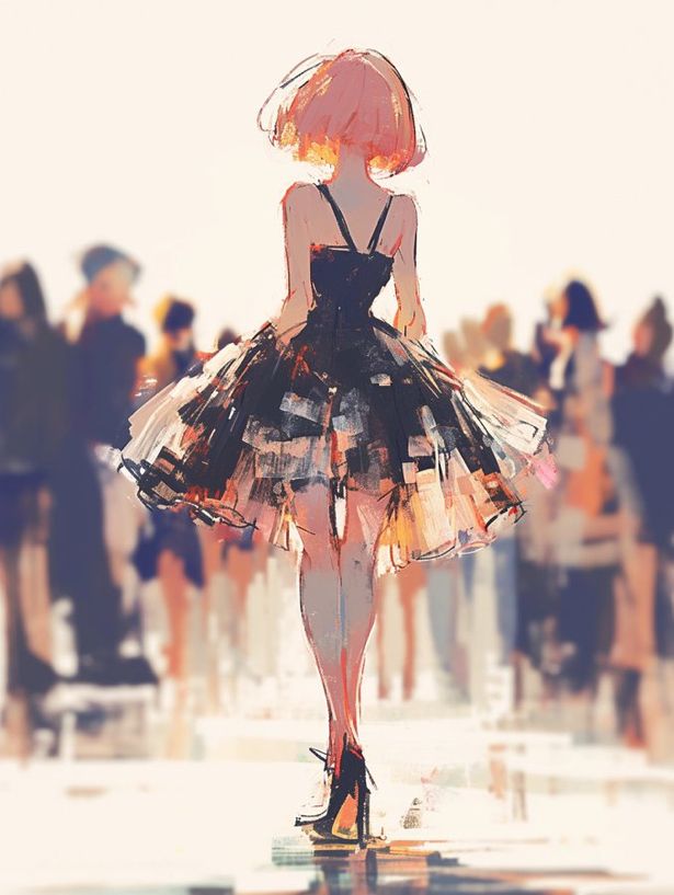 the artwork is a digital painting depicting a young woman, styled in an anime aesthetic, from the back. she wears a short, black tulle dress and pink bobbed hair. she's walking away from the viewer towards a blurry crowd of people in the background. her shoes are elegant high heels, and the overall style is fashionforward and suggestive of a runway or stylish street scene. the painting's style is loose and painterly, with visible brushstrokes and a soft focus on the background, drawing attention to the central figure. the color palette is muted and harmonious, with hints of warm peach and pink against the black of the dress. the mood is confident and slightly melancholic, suggesting a moment of quiet selfpossession amidst a bustling environment.