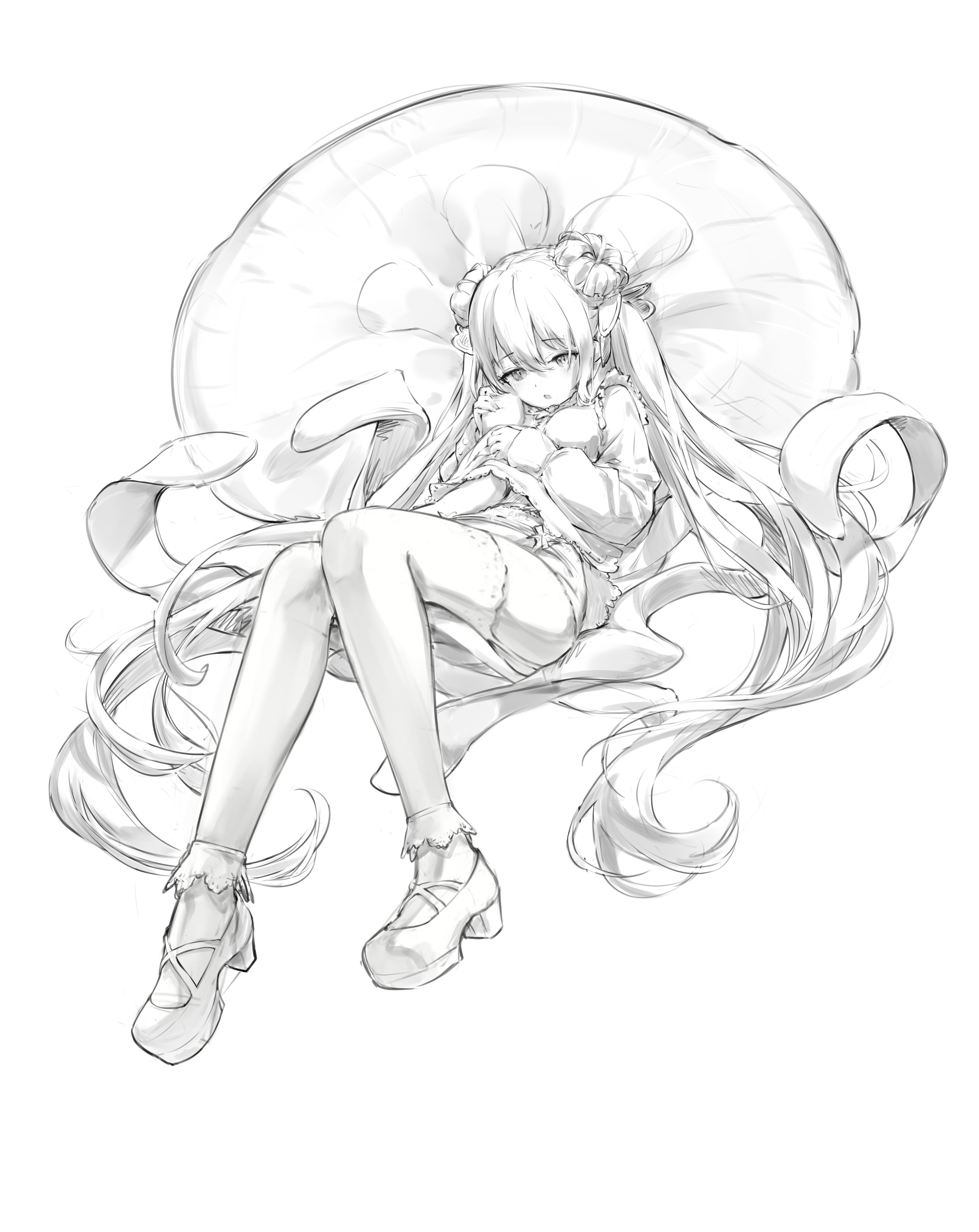 a monochrome sketch of an anime girl with long, flowing twintails, seated in a chair or large pillow. she wears a dress and shoes with frilly details. the girl is holding a small pet, possibly a kitten or puppy. the drawing style resembles manga or anime illustrations.