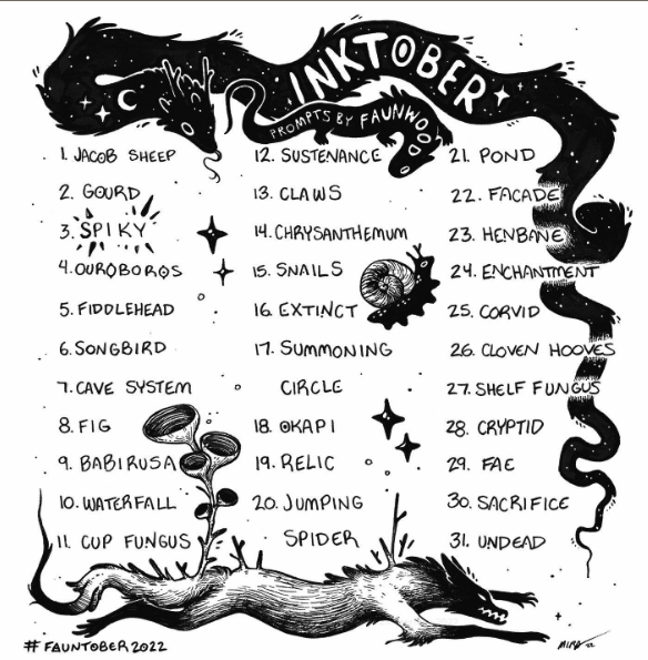 the image is a black and white drawing of a tree trunk with various fungi growing on it. above the trunk is a banner that says "#fauntober 2022", and the word "pinktober" with each letter drawn uniquely. there's a list of 31 prompts under the banner, with each number corresponding to a day in october. a wolf is drawn on the right of the trunk and a bird on the left. a snail sits on a mushroom.
