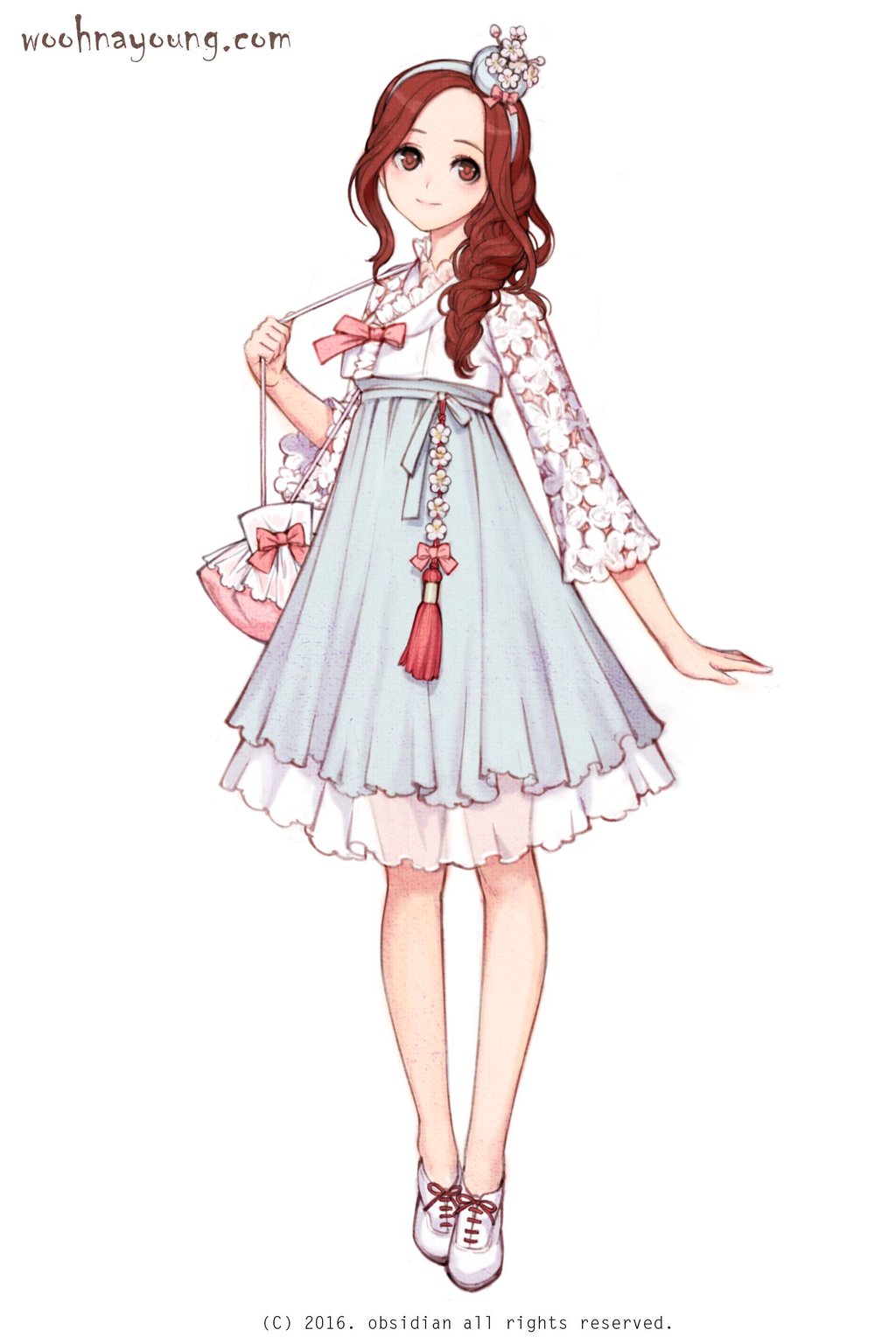 a beautiful girl in traditional korean clothing, a hanbok. she is wearing a white dress with a blue skirt, a lace design and a flower detail in the hair. she is holding a small pink bag with a flower design. the character is wearing white shoes with a brown laceup detail and has red hair, red and white eyes. the girl is drawn in a cute, chibi style.