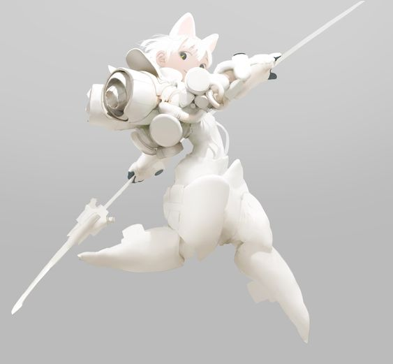 a dynamic illustration features a young, whiteclad female character, possibly an anime or manga inspired cyborg. she leaps through the air, brandishing a long, intricate spear. her attire blends futuristic elements with a streamlined, armored design, and she sports distinctive white, animalistic ears. the backdrop is a minimal, light gray, suggesting a studio setting and emphasizing the character's stark white design. the overall palette is predominantly white and light gray, creating a clean, hightech aesthetic.