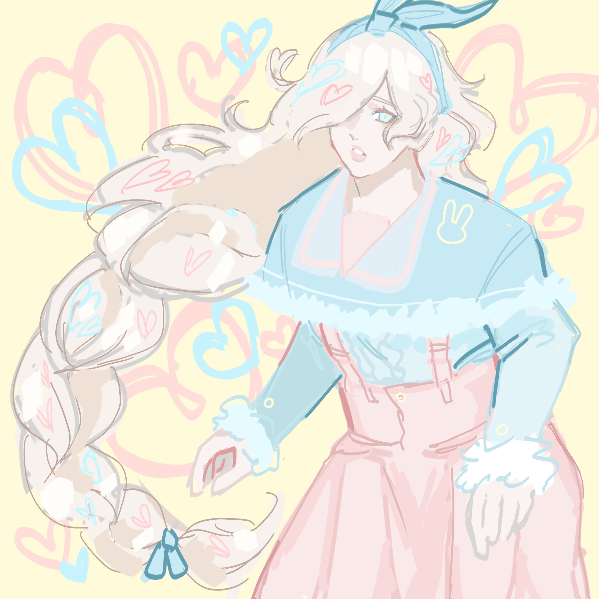 this is a cartoon illustration of a girl with long blonde hair braided and styled with a blue ribbon. she is wearing a blue and pink pastel dress with furtrimmed sleeves and a cute bunny design. she is surrounded by hearts and other pastelcolored graphics.