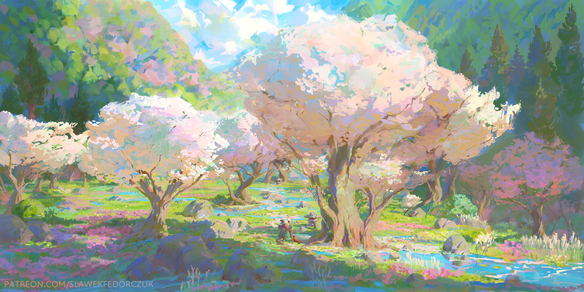 the image depicts a serene and colorful fantasy forest scene. the foreground is dominated by a gently flowing stream, its banks bursting with colorful flowers and lush grass.  the middle ground features a path winding through the scene with two small figures walking along it. large, blossoming trees with white and pink flowers dominate the scene, their branches reaching towards the sky.  sunlight filters through the leaves, creating a dappled light effect across the forest floor.  the overall atmosphere is peaceful and inviting, evoking a sense of tranquility and wonder.  the style of the painting is impressionistic and painterly, with visible brushstrokes adding to its charm.