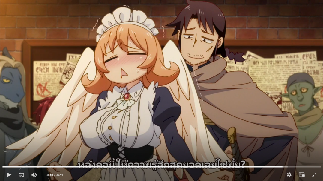 this is a still from an anime. the image shows a woman in a maid outfit with angel wings, blushing and looking embarrassed. she is standing next to a man with a sword at his side, and he looks at her with a smile. they are both in a tavern or inn, with other people in the background.