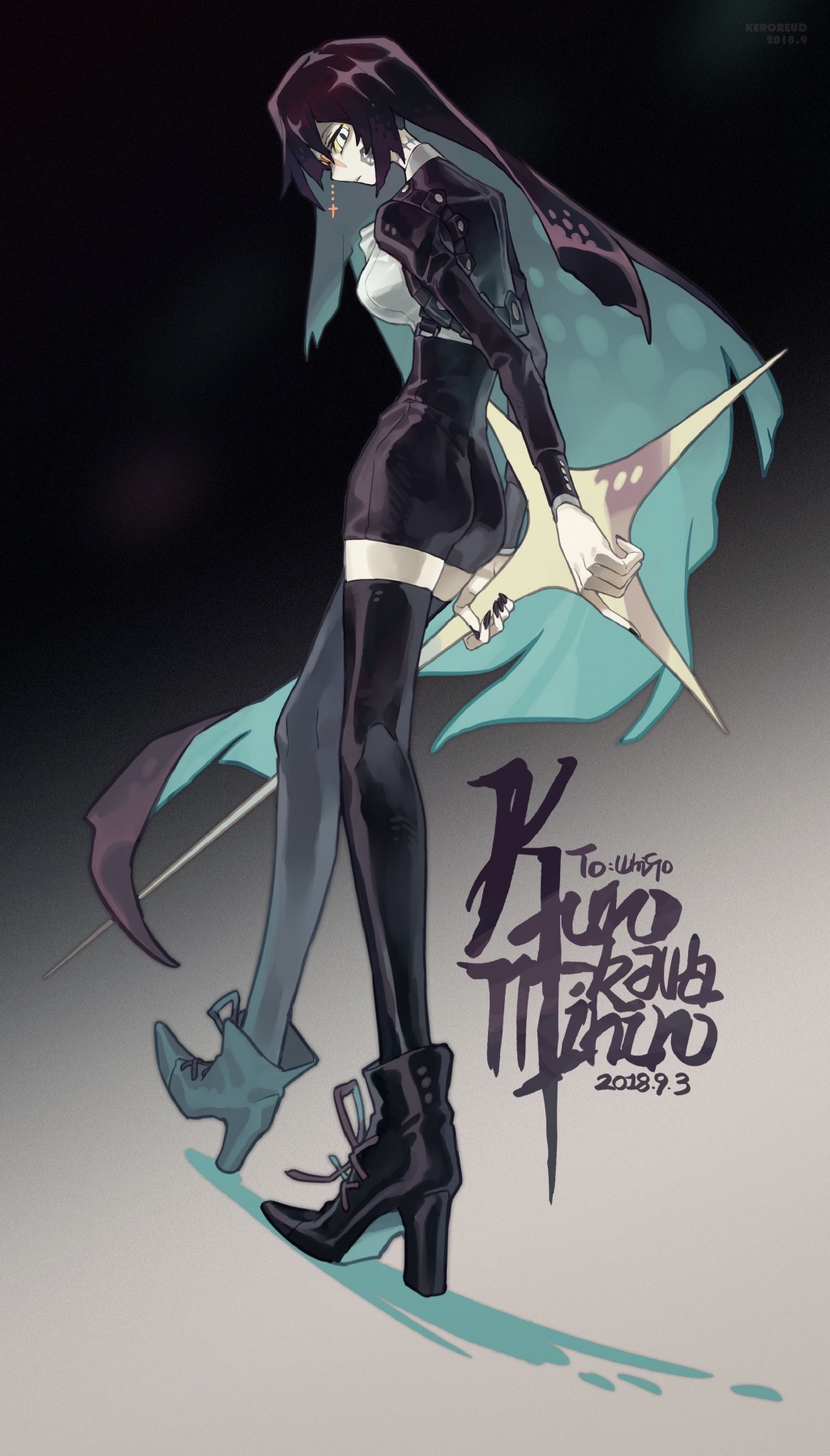 a digital illustration of an anime girl with long black hair, wearing a black skirt, black jacket, white shirt, and black boots. the girl has a green cape draped over her and a knife in her right hand. she is standing in a pose with her left foot raised, and she looks away from the viewer. the background is dark and blurred.