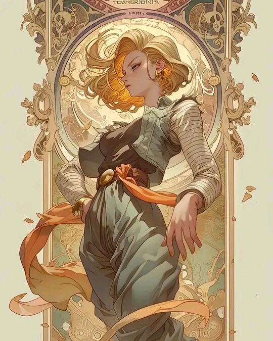 a stylized illustration of android 18 from dragon ball z, rendered in an art nouveau style. she is framed within an ornate gold border reminiscent of the artistic movement, with swirling floral elements surrounding her. the color palette is warm and inviting, and the lighting is soft and flattering. android 18 herself is depicted in a confident and powerful pose, with her signature blonde hair and piercing blue eyes.