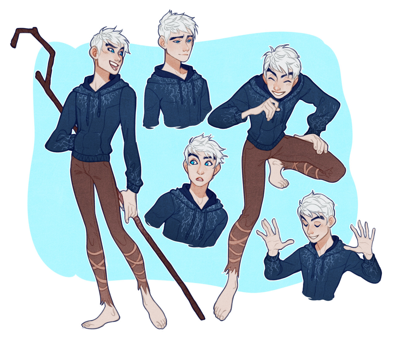this is a digital character study of jack frost from rise of the guardians, showcasing a range of playful expressions and dynamic poses. he is depicted with his signature white hair, blue hoodie, and wooden staff. the style is reminiscent of western animation, with a focus on expressive linework and soft coloring.