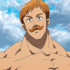 this image showcases a portrait of escanor, a prominent character from the anime series "seven deadly sins." he is recognized as the lion's sin of pride. the image focuses on his upper body, highlighting his muscular physique. escanor's serious expression is accentuated by his distinctive mustache. he is set against a backdrop of a blue sky adorned with clouds. the overall tone of the image is defined by soft lighting, creating a gentle illumination on escanor's features. the perspective is a closeup, allowing for a detailed view of the character's face and upper torso.