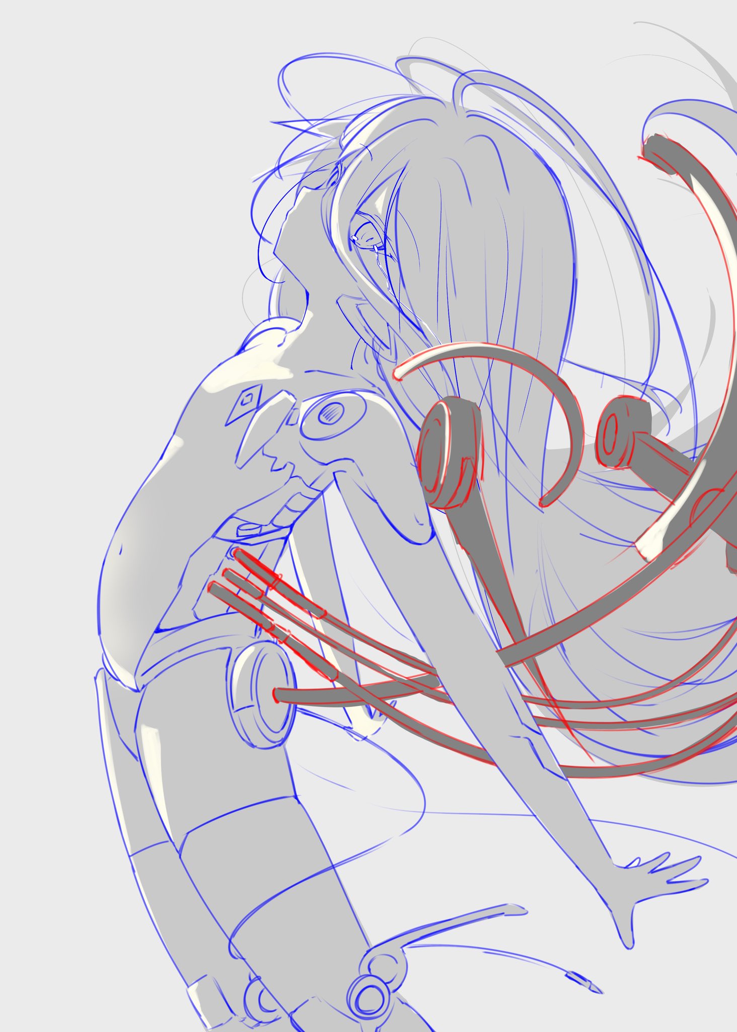 the image is a sketch of a cyborg woman in an anime style. she has long hair and various mechanical parts, including wires and robotic limbs. the drawing is mostly done in blue lines, with some red accents for the wires and mechanical details. the background is plain.
