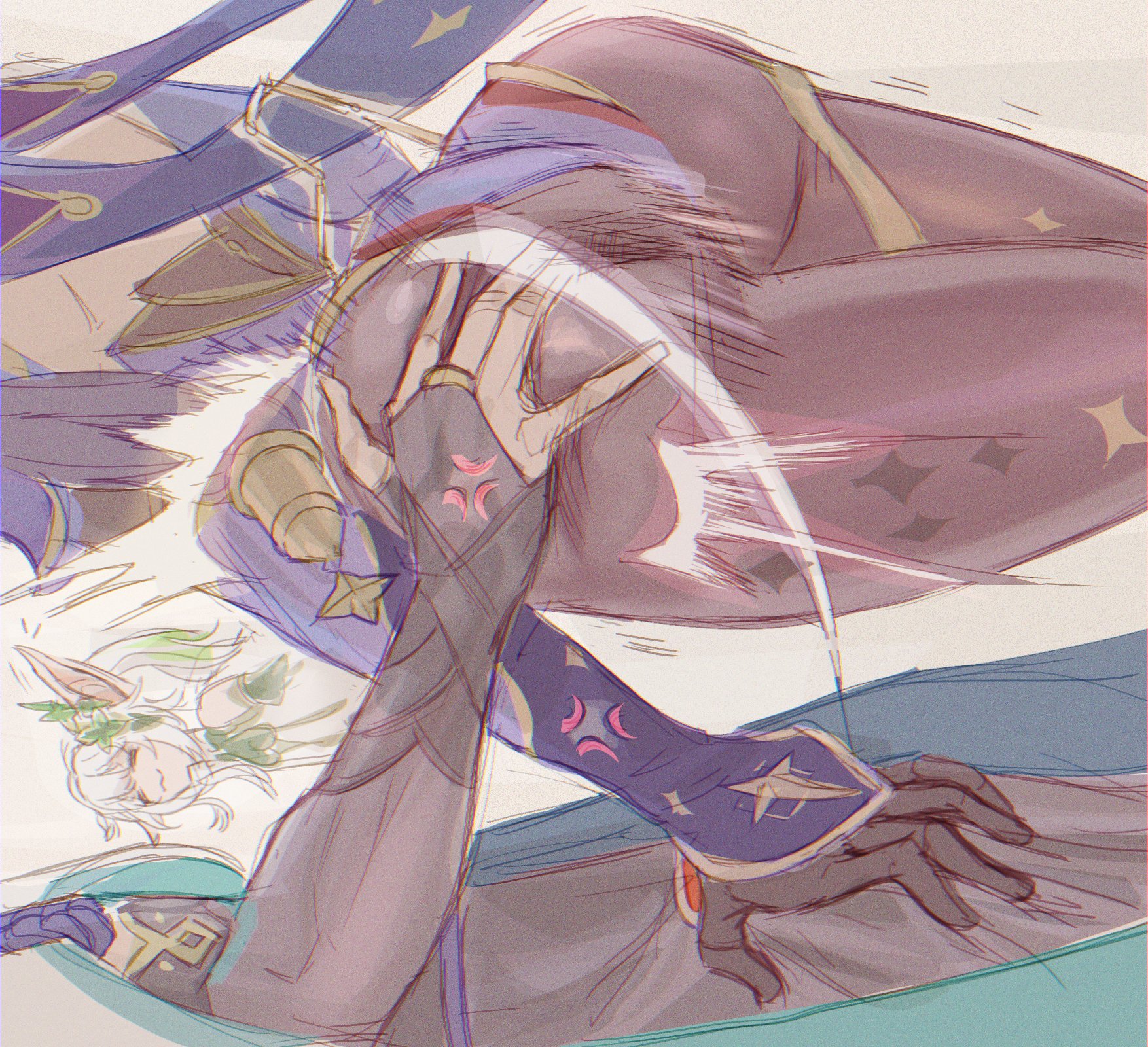 this is a dynamic fanart depicting a fight scene between raiden shogun and sangonomiya kokomi from genshin impact. the art style is loose and sketchy, with visible brush strokes creating a sense of motion. the focus is on the clash of their hands, with motion lines suggesting impact and energy. raiden shogun is depicted in her signature purple and gold attire, while kokomi's outfit is visible in the background. the overall color palette is soft and pastel, contrasting with the intensity of the action.