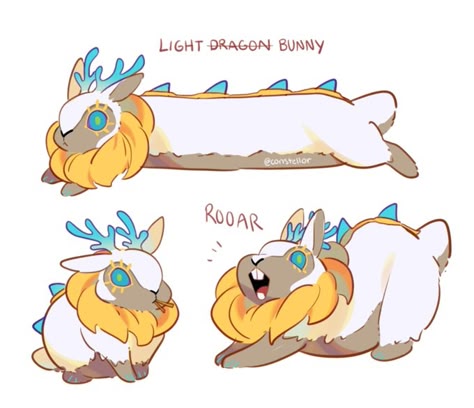 this cartoon illustration features a light dragon bunny in three different poses. the first pose shows the bunny stretched out on its belly. the second shows the bunny standing up, and the third shows the bunny roaring. the bunny has light fur with light blue and yellow accents, as well as large, round eyes.