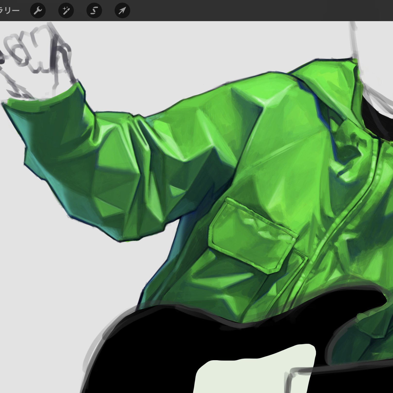 the image shows a digital painting, seemingly a work in progress (wip),  of a person's arm and torso wearing a vibrant, shiny, bright green jacket. the jacket appears to be made of a leatherlike material, with the folds and texture realistically rendered. the style is stylized, leaning towards realism but with a slightly exaggerated, almost cartoonish, sheen to the fabric. the pose is dynamic, suggesting movement. the background is a plain gray, with a few faint markings possibly indicating a layer mask or selection in an art program like photoshop (indicated by the toolbar at the top). the toolbar suggests the image is being created using a graphics tablet. the focus is heavily on the texture and reflective quality of the jacket.  the overall impression is one of a stylish, modern character design emphasizing clothing.