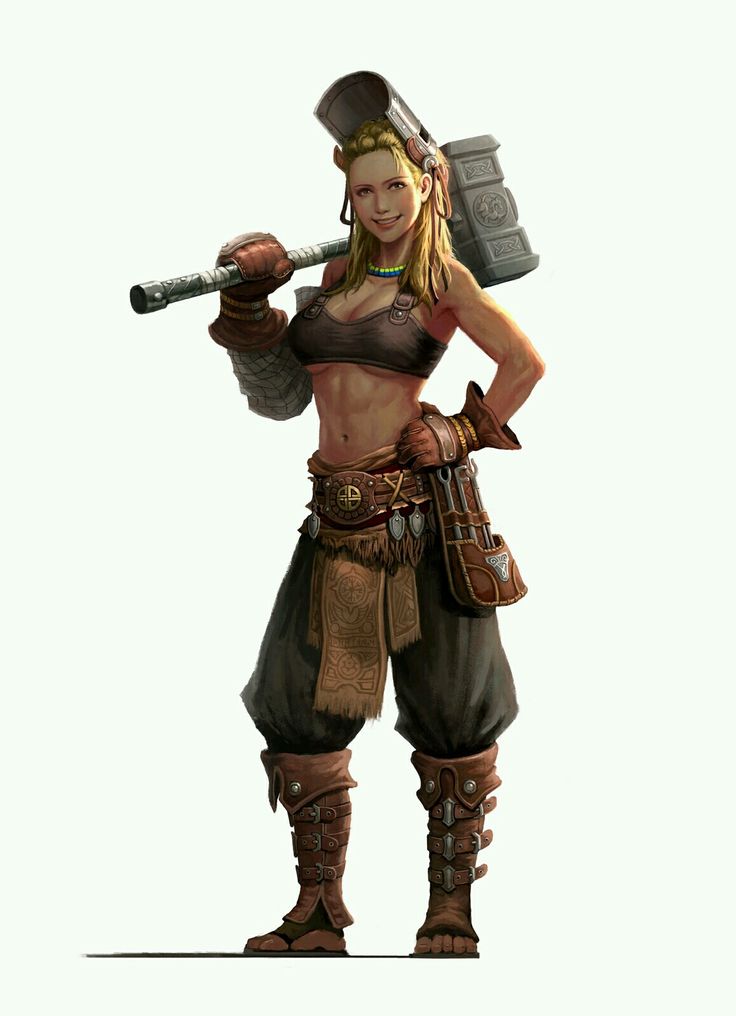 this is an illustration of a female warrior in full fantasy armor. she is holding a large hammer in her right hand and smiling confidently. she is wearing a leather bra, leather pants, leather boots, and has a leather belt with several pouches and a decorative metal buckle. her blonde hair is braided.