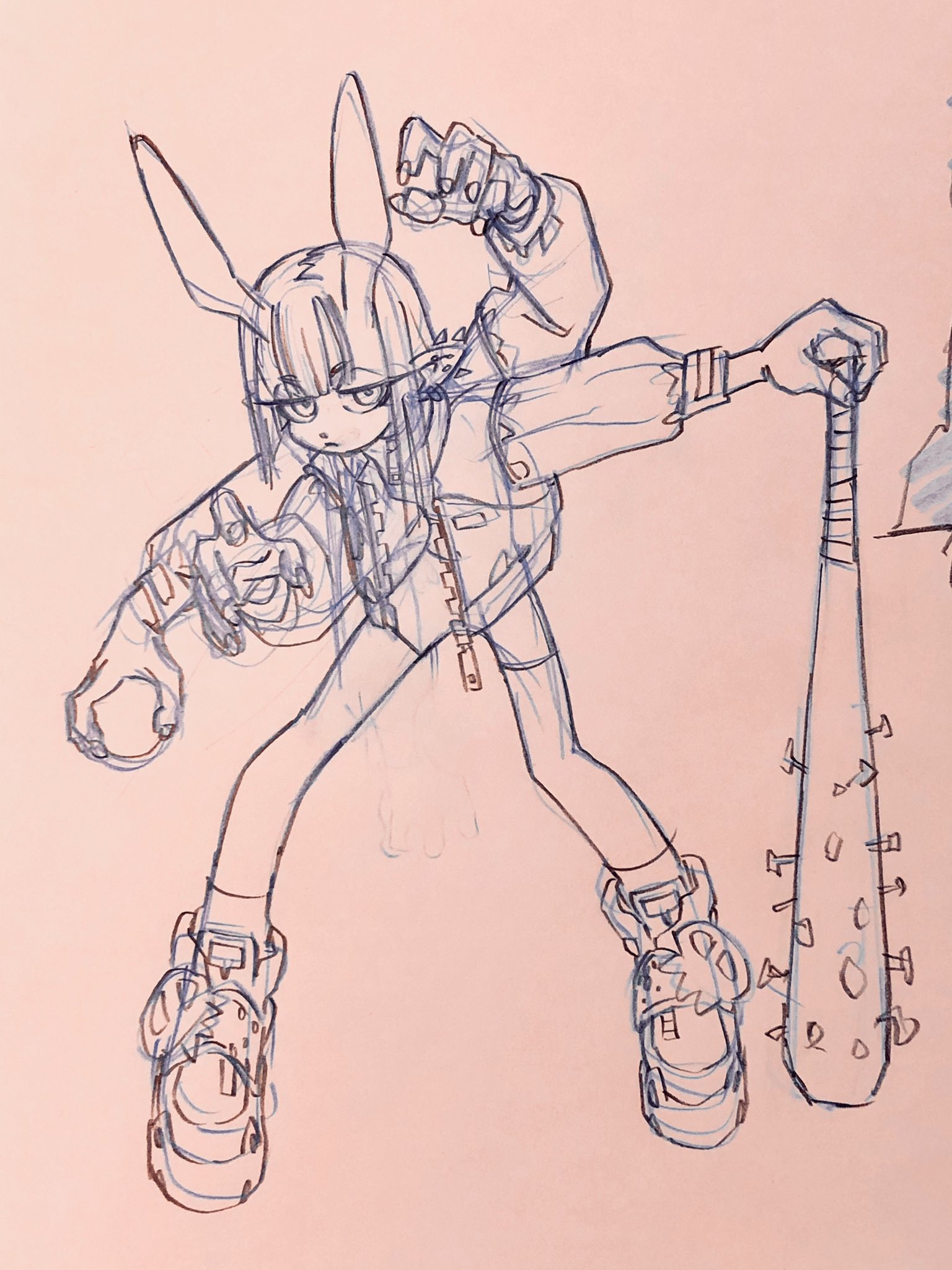 a dynamic sketch of a bunny girl wielding a spiked baseball bat. she is drawn with exaggerated proportions and a confident pose.