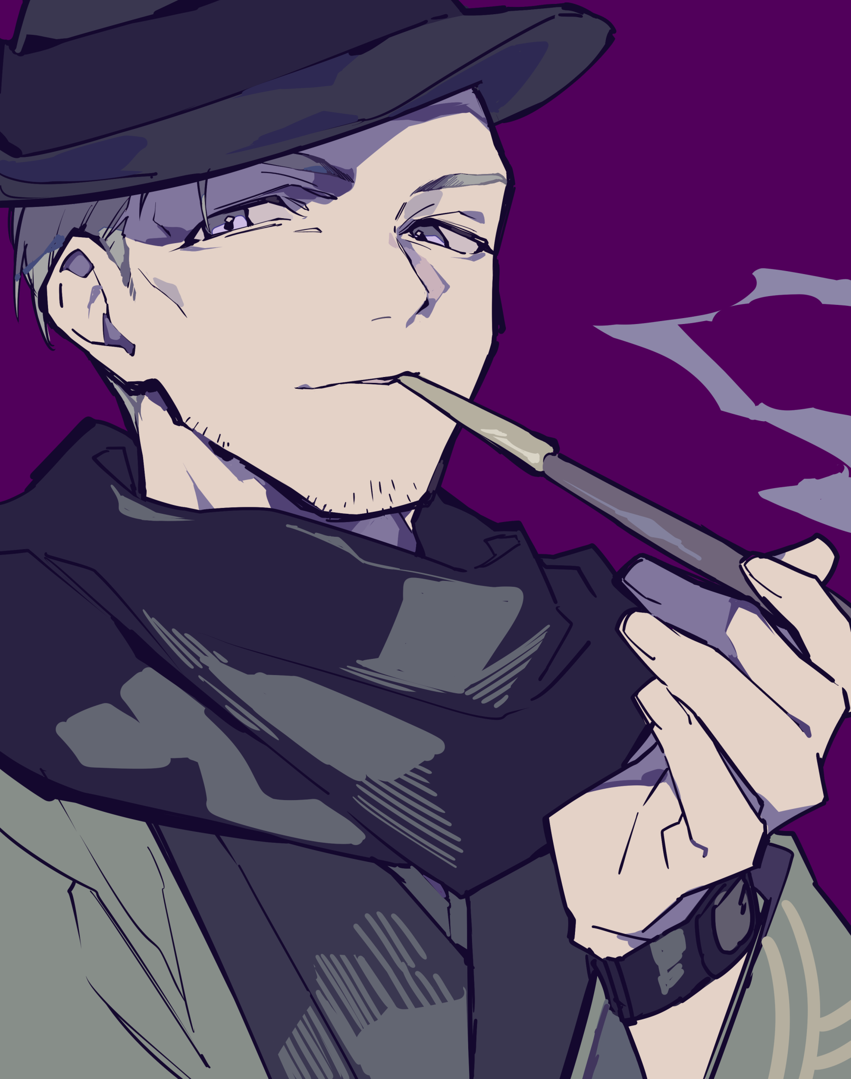 digital art style portrait of a man with light skin, short hair and stubble, wearing a dark hat, a dark scarf, a dark tie and a green jacket, holding a long cigarette with a purple smoke cloud coming out, on a purple background. he is also wearing a watch.