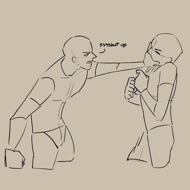 a drawing of two people arguing, with one person holding their hand up and the other person standing with their arms crossed. the person holding their hand up is looking angry, while the other person is looking upset. there are words "ssssshut up" written above them. the drawing is in black and white on a grey background.