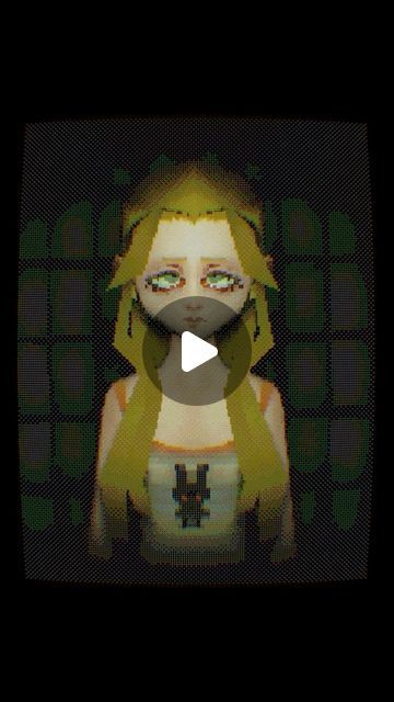 the image is a pixel art portrait of a female character with blonde hair and green eyes. the style resembles vintage computer graphics, displayed on a crt monitor with noticeable pixelation. the character is wearing a dress with a unique design. a semitransparent play button overlay is centered on the image. the background features a textured, dark pattern.