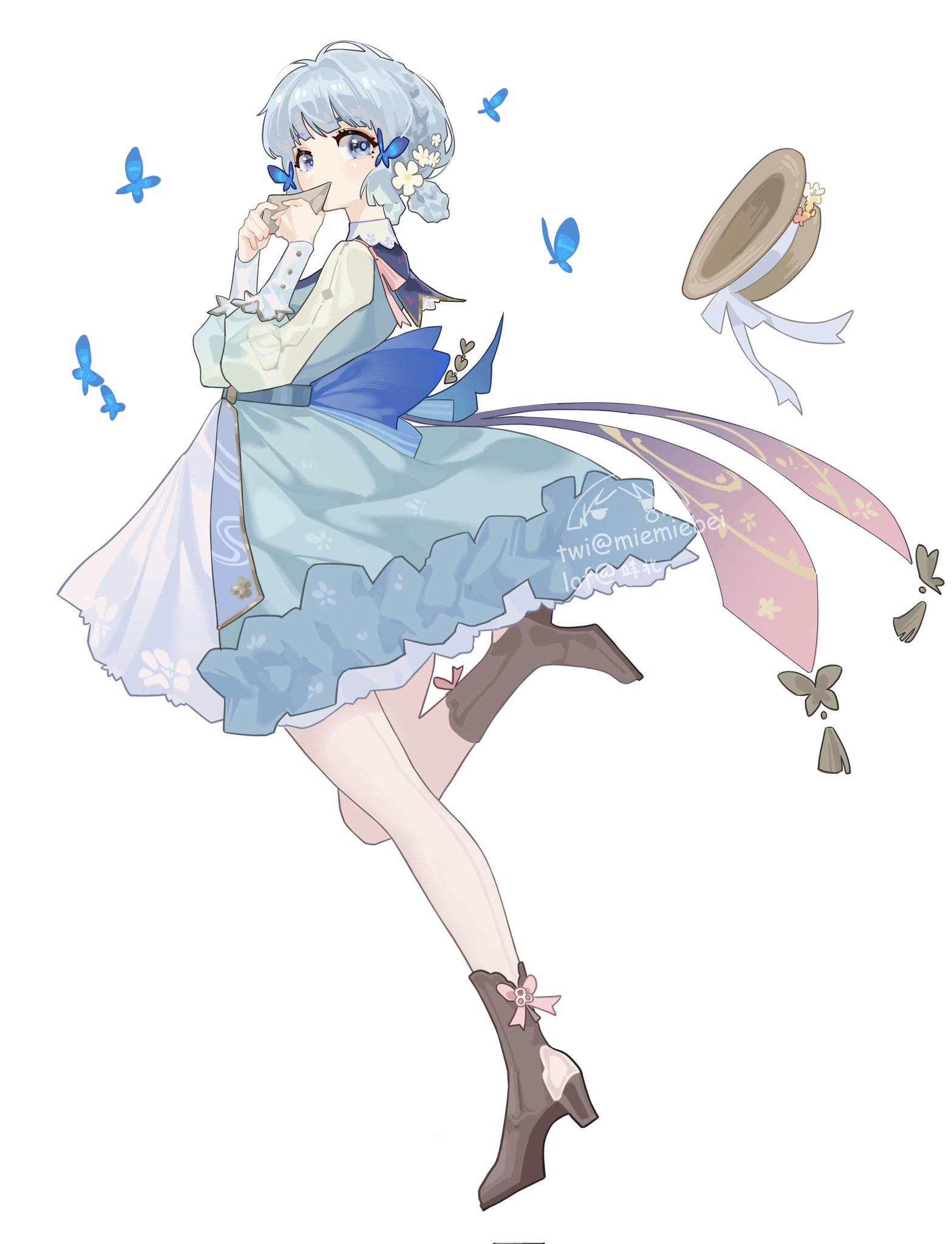 this is a digital illustration of an anime girl. she has long blue hair, is wearing a blue dress with floral details and a large blue bow at the waist. she is wearing brown boots with pink flowers and a hat is floating next to her. she has a whimsical expression and her eyes are closed. the image is set against a white background and features several blue butterflies flying around her.  the style of the artwork is elegant and ethereal.