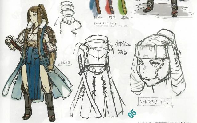 the image shows concept art for a female samurai character, possibly from a video game.  the art includes a fullbody illustration of the character in her outfit and various sketches detailing the design elements.  these include different views of her armor, a closeup of a helmetlike headpiece, and a separate sketch showing the back of her layered clothing and sword placement.  the style is reminiscent of japanese aesthetics, and the sketches seem to be part of an artbook or design document, with some japanese text visible. the numerical notation "05" suggests this is a page or design iteration within a larger set of concept art.