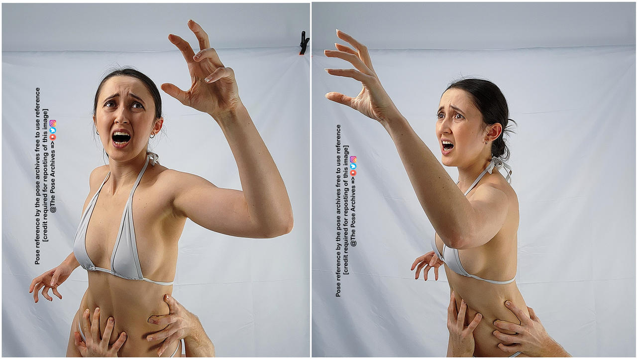 the image is a diptych, showcasing two nearly identical photos of a woman in a bikini top, seemingly gripped by fear. her face contorted in terror, she reaches out with her right hand as if seeking help or trying to fend off something unseen. two other hands, presumably not her own, are gripping her torso tightly, further emphasizing her distress and vulnerability. the plain white backdrop and bright, even lighting accentuate the stark emotion of the scene.